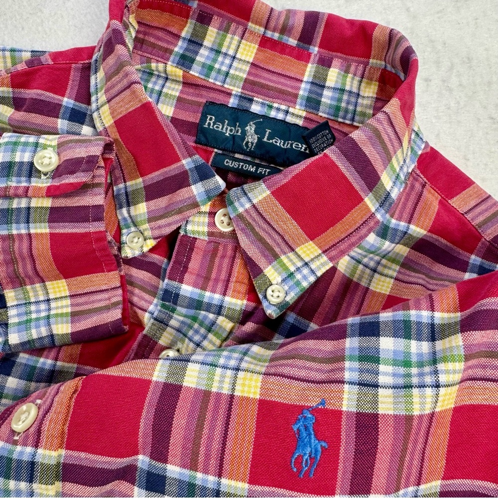 Ralph Lauren Men’s L Custom Fit Pink Multicolor Plaid Shirt 100% Cotton